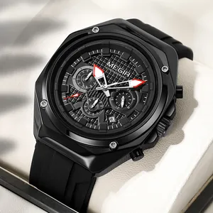 Reloj cronógrafo deportivo MEGIR 8118 para hombre con correa de silicona negra y fecha.