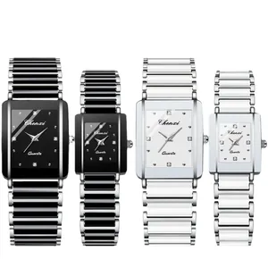 Elegant Chenxi square ceramic couple watch set with quartz movement and diamond markers