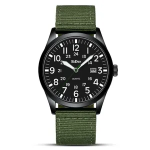 Professional BIDEN men's quartz sports watch with green nylon strap and black dial