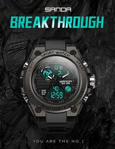 Detailed view of SANDA military sports watch with digital display and teal accents on dark rock