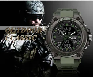 SAMDA military style tactical watch with large dial and dual digital-analog display.