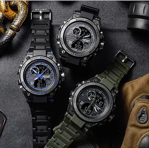 Macro detail of SANDA military sports watches showing dual display and rugged bezel