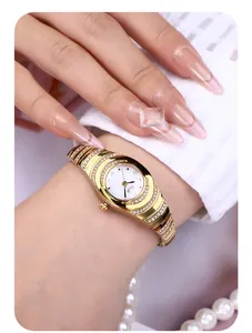 Elegant GEDI gold bracelet watch for women with rhinestone detailing and oval dial shown on wrist.