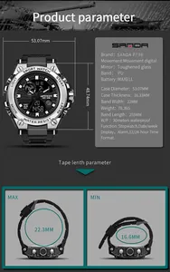 Detailed technical specifications and dimensions for SANDA military style digital watch