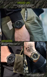 Military style oversized digital watch with waterproof feature and silicone strap detail