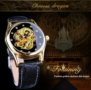 Vue détaillée de la montre automatique Forsining avec cadran squelette dragon doré