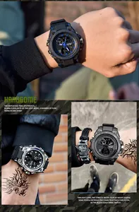 Macro view of a Sanda military-style digital watch with a rugged shockproof design.