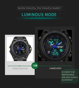 Detailed view of Sanda military sports watch featuring its bright dual luminous display mode