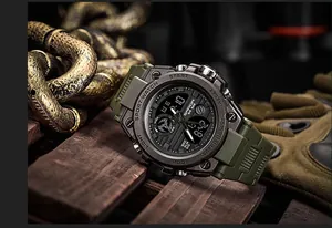 Detailed view of Sanda military digital watch featuring army green strap and rugged case