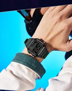 SANDA square digital sports watch with olive green strap and waterproof features