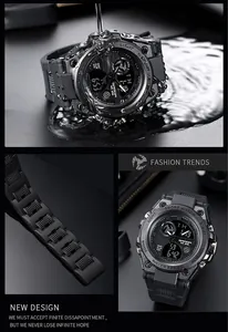 Close-up of waterproof Sanda military digital watch featuring a textured black strap