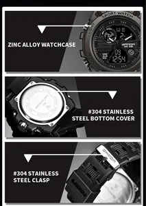 Detailed views showing the zinc alloy case, stainless steel back and clasp of Sanda watch