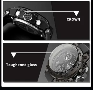 Detailed view of SAMDA military sports watch crown and toughened glass face