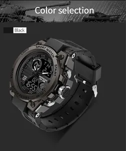 Detailed side view of SANDA black military style large dial digital waterproof watch