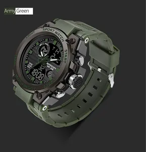 Detailed close-up view of the SAMDA army green military sports watch for men with dual display