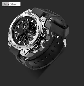 Close-up of SAMDA military sport watch with black and silver dual display dial.