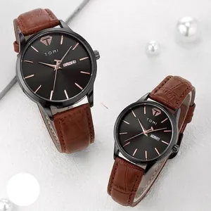 TOMI minimalistische Quarzuhren für Paare mit braunem Lederarmband und schwarzem Zifferblatt