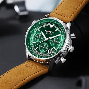 Orologio cronografo da lavoro da uomo con quadrante verde e cinturino in pelle