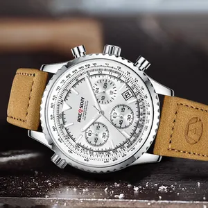 Orologio business multifunzionale da uomo con cinturino in pelle marrone e quadrante bianco