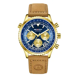 Cronografo professionale da uomo con cassa dorata, quadrante blu e cinturino in pelle marrone.