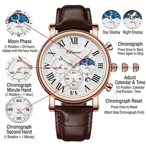 Orologio business Chenxi da uomo con fasi lunari e numeri romani eleganti