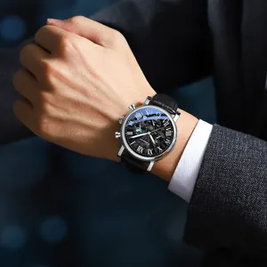 Orologio business Chenxi da uomo con fasi lunari, cinturino in pelle nera e numeri romani