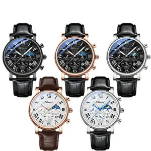 Elegante orologio business da uomo con fasi lunari, numeri romani e cinturino in pelle