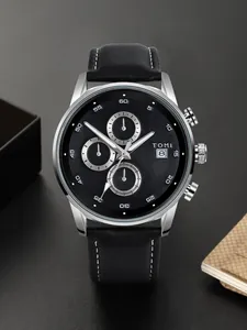 Close-up detail of TOMI men's chronograph business watch with black leather strap