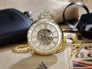 Macro view of vintage gold mechanical skeleton pocket watch with Roman numerals