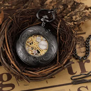 Montre de poche mécanique noire vintage avec mouvement à engrenages