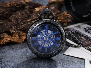 Detailed view of a vintage black skeleton mechanical pocket watch with blue Roman numerals.