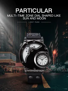 Gros plan sur la montre à quartz Oulm pour hommes style punk avec double fuseau horaire
