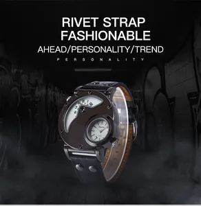 Montre à quartz Oulm pour homme avec double fuseau horaire et bracelet en cuir à rivets