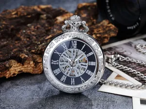 Macro view of a silver vintage skeleton mechanical pocket watch with Roman numerals