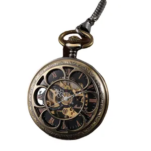 Vintage bronze mechanical pocket watch with hollow floral cover and Roman numerals