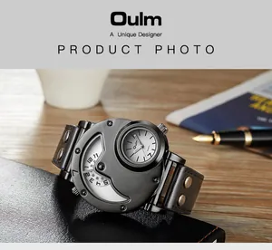 Détail de la montre pour homme Oulm 9591 avec cadrans à quartz doubles fuseaux horaires