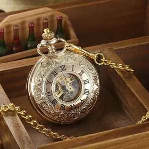 Montre de Poche Mécanique Vintage Ajourée pour Hommes Femmes Gravée Chiffres Romains Double Couvercle Alliage avec Chaîne