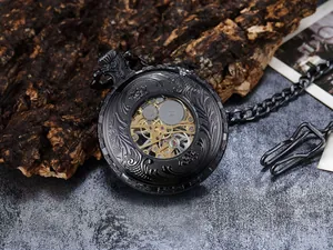 Close-up of vintage black skeletonized mechanical pocket watch movement