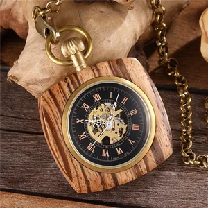Montre à Gousset Mécanique Carrée Texture Bois de Rose Cadran Squelette Chiffres Romains Alliage Bois Montre à Gousset Antique Hommes Femmes Cadeau