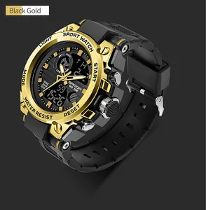 Macro view of Sanda military sports watch in black and gold with dual time display