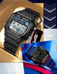 Close-up of SANDA square waterproof digital watch with luminous display and resin strap