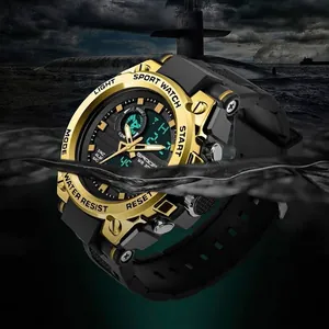 SANDA military style sports watch featuring a gold bezel and waterproof digital display