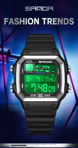 SANDA waterproof digital sports watch with green luminous square display and black strap