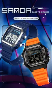 SANDA waterproof digital sports watch with square face and dual-color strap options