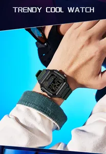 Detailed shot of a SANDA multifunctional digital square watch on a person's wrist