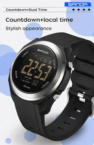 Détail de la montre numérique de sport étanche Sanda affichant l'heure double et le compte à rebours