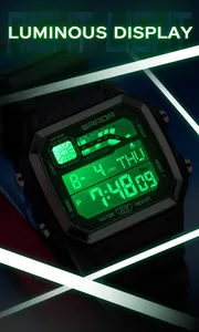 Detailed close-up of SANDA digital watch showing vibrant green luminous display.