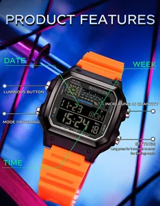 Detail of SANDA digital sports watch with waterproof square face and orange strap