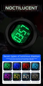 Détail de la montre numérique SANDA avec sept affichages lumineux