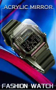 Detailed view of SANDA military green digital watch on a vibrant red textured background